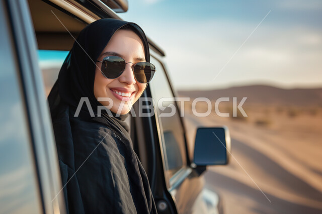 Enjoying vacations and summer vacations, going out for a walk in the desert areas of the Kingdom of Saudi Arabia, safe means of transportation, a close-up photo of a veiled Saudi Arabian Gulf woman wearing sunglasses, sticking her head out of the car window.