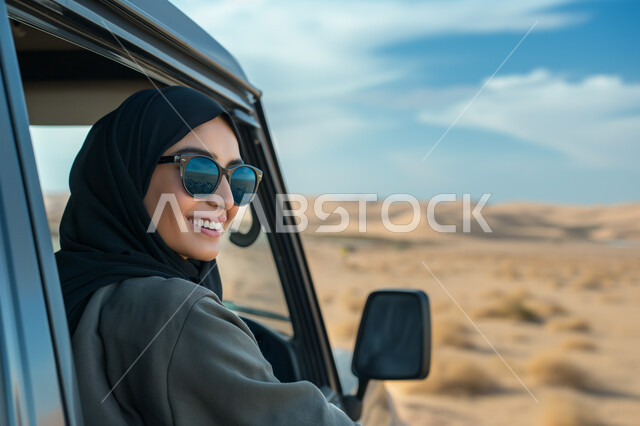 خدمات النقل الآمنة، الخروج في نزهة الى المناطق الصحراوية في المملكة العربية السعودية، صورة مقربة لامرأة عربية خليجية سعودية محجبة ترتدي نظارة شمسية تخرج رأسها من نافذة السيارة، الاستمتاع بالإجازات والعطلات الصيفية