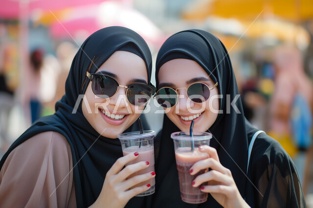 Looking at the camera with happy gestures, enjoying cold drinks in the hot weather, a close-up photo of two veiled Saudi Gulf Arab friends wearing sunglasses drinking refreshing juices