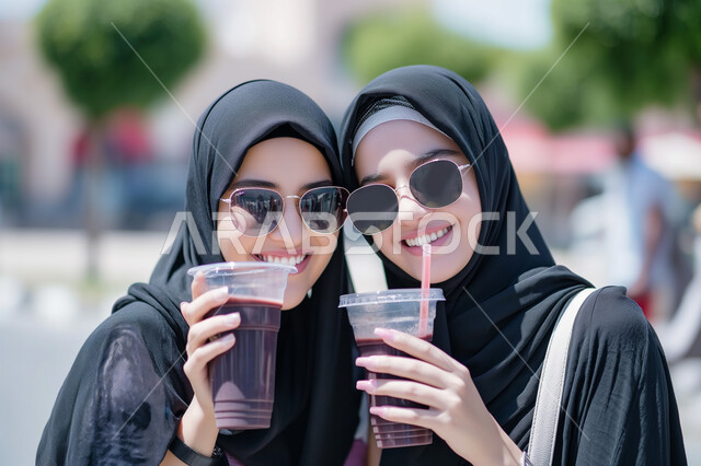 الاستمتاع بالمشروبات الباردة في الأجواء الحارة، النظر إلى الكاميرا بإيماءات السرور ، صورة مقربة لصديقتان عربيتان خليجيات سعوديتان محجبتان ترتديان النظارات الشمسية تقومان بشرب العصائر المنعشة