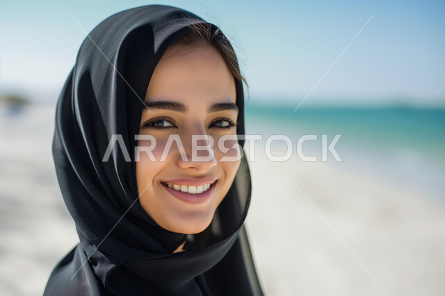 مفهوم الأنوثة والنعومة، قضاء عطلة واجازة صيفية ممتعة، الاهتمام بالأناقة والمظهر الخارجي، صورة مقربة لامرأة عربية خليجية سعودية مبتسمة محجبة ترتدي العباءة تقف على شاطئ البحر
