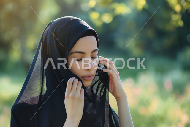 الاهتمام بالأناقة والمظهر الخارجي، مفهوم الأنوثة والنعومة، صورة مقربة لامرأة عربية خليجية سعودية ترتدي الحجاب والعباءة السوداء تقف في حديقة خضراء بإيماءات الثقة بالنفس، حجابات نسائية عصريه حديثه