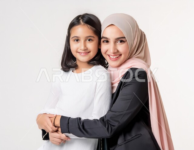 الاستمتاع بقضاء الوقت مع الأطفال، تربية الأبناء والاهتمام بهم، بورتريه مقرب لأم عربية خليجية سعودية محجبة تقوم باحتضان ابنتها تنظر إلى الكاميرا بإيماءات السعادة، مفهوم العطف والحنان عند الأمهات، تقوية روابط المحبة والتماسك الأسري، خلفية بيضاء