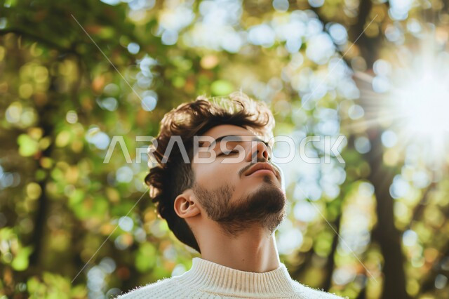 Breathing the fresh air by walking and strolling in public parks, expressions of imagination and remembering something, feeling comfortable, contemplating and relaxing, a close-up picture of a smiling Saudi Gulf Arab young man closing his eyes, the green nature in the Kingdom of Saudi Arabia, spending enjoyable times in the summer vacation