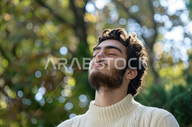 تعابير التخيل وتذكر شيء ما،  الشعور بالراحة والتأمل والاستجمام، المشي و التنزه في الحدائق العامة لاستنشاق الهواء الطلق، صورة مقربة لشاب عربي خليجي سعودي مبتسم يغمض عينيه، الطبيعة الخضراء في المملكة العربية السعودية، قضاء أوقات ممتعة في العطلة الصيفية