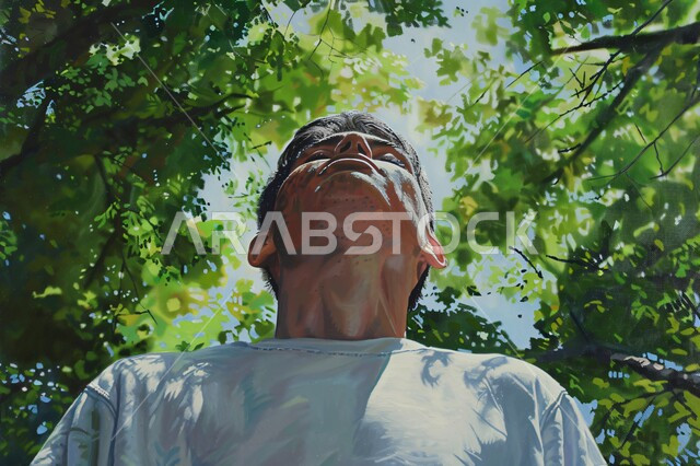 التأمل والاستجمام والشعور بالراحة، المشي و التنزه في الحدائق العامة لاستنشاق الهواء الطلق ، صورة مقربة لشاب عربي خليجي سعودي مبتسم يغمض عينيه بايماءات التخيل، قضاء أوقات ممتعة في العطلة الصيفية، الطبيعة الخضراء في المملكة العربية السعودية