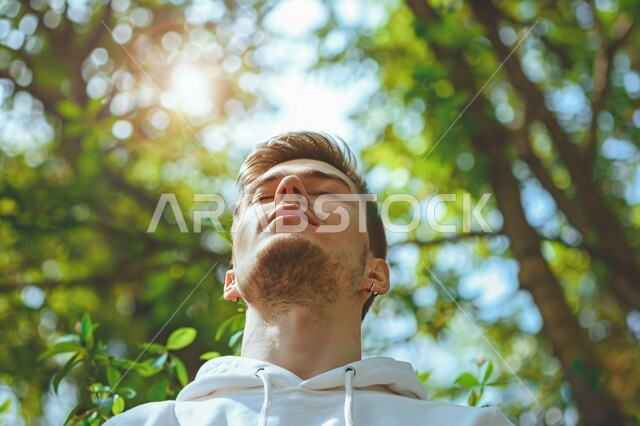 Relaxing, meditating and feeling comfortable, walking and strolling in public parks to breathe the fresh air, a close-up picture of a smiling Saudi Gulf Arab young man closing his eyes with gestures of imagination, spending enjoyable times in the summer vacation, the green nature in the Kingdom of Saudi Arabia