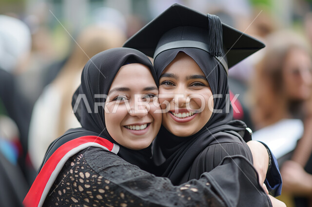 Feelings of love and motherhood, celebrating the completion of university studies, a close-up photo of a Saudi Arabian Gulf mother hugging her daughter, looking at the camera with gestures of joy and pleasure, a student wearing an abaya and graduation cap, the concept of diligence and excellence