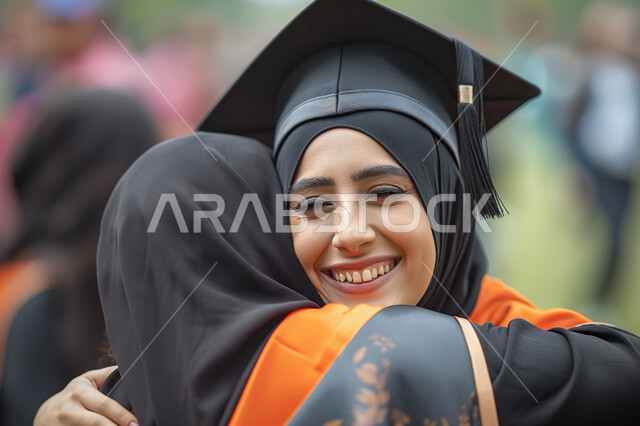 مشاعر الحب والأمومة، الاحتفال بإنهاء الدراسة الجامعية، صورة مقربة لأم عربية سعودية خليجية تعانق ابنتها، طالبة ترتدي العباءه وقبعة التخرج تنظر إلى الكاميرا بإيماءات الفرح والسرور, مفهوم الاجتهاد والتفوق