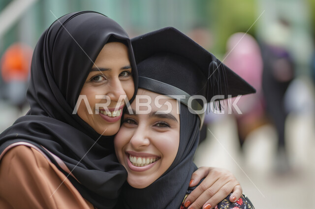 مشاعر الحب والأمومة، الاحتفال بإنهاء الدراسة الجامعية، صورة مقربة لأم عربية سعودية خليجية تعانق ابنتها تنظران إلى الكاميرا بإيماءات الفرح والسرور، طالبة ترتدي العباءه وقبعة التخرج, مفهوم الاجتهاد والتفوق