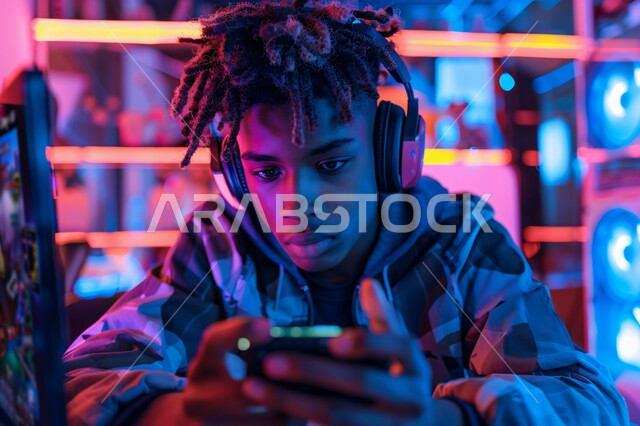 Expressions of interaction and integration with the game, technology and advanced technology for electronic devices, a professional PlayStation room, a live broadcast platform in the world of video games, a young Saudi Gulf Arab teenager wearing a headset and holding a joystick in his hand.