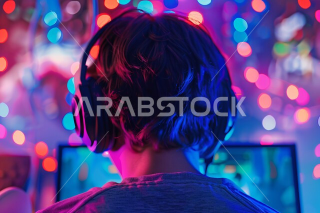 Technology and advanced technology for electronic devices, a professional PlayStation room, a live broadcast platform in the world of video games, interaction and integration with the game, a young Saudi Arabian Gulf teenager wearing a headset and holding a joystick in his hand.