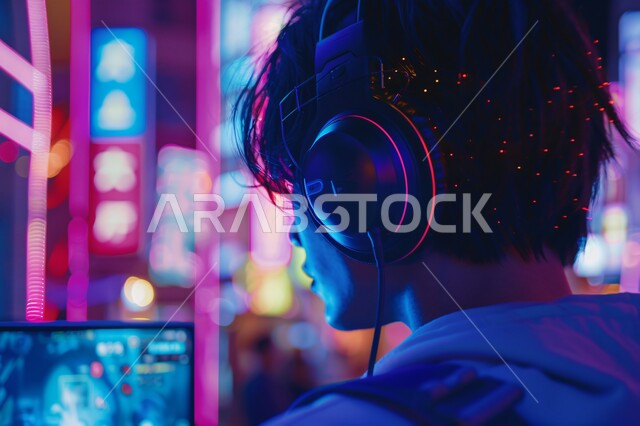 Technology and advanced technology for electronic devices, a professional PlayStation room, a live broadcast platform in the world of video games, interaction and integration with the game, a young Saudi Gulf Arab teenager wearing a headset and holding a joystick in his hand.