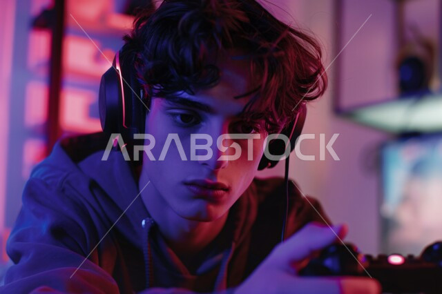 التفاعل والاندماج مع اللعبة، شاب مراهق عربي خليجي سعودي يرتدي سماعة الرأس ويحمل بيده عصا التحكم، منصة البث المباشر في عالم ألعاب الفيديو، غرفة بلايستيشين إحترافية، التقنية والتكنولوجيا المتطورة للأجهزة الالكترونية