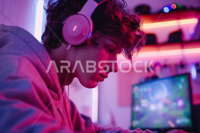 الاندماج والتفاعل مع اللعبة، شاب مراهق عربي خليجي سعودي يرتدي سماعة الرأس ويحمل بيده عصا التحكم، منصة البث المباشر في عالم ألعاب الفيديو، غرفة بلايستيشين إحترافية، التقنية والتكنولوجيا المتطورة للأجهزة الالكترونية
