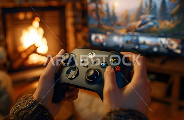 Enjoying modern techniques and technology, entertainment computer programs, the concept of fun and amusement, a close-up photo of the hand of a young Saudi Arab Gulf man holding a gaming joystick and playing video games and PlayStation.