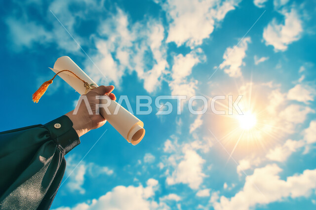 الاحتفال بإنهاء الدراسة الجامعية، صورة مقربة ليد طالب يحمل الشهادة يرفع يده للأعلى بإيماءات الفرح والسرور، مفهوم الاجتهاد والتفوق، خلفية الغيوم في السماء