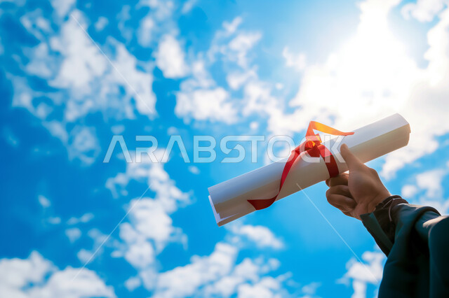 الاحتفال بإنهاء الدراسة الجامعية، صورة مقربة ليد طالب يحمل الشهادة يرفع يده للأعلى بإيماءات الفرح والسرور، مفهوم الاجتهاد والتفوق، خلفية الغيوم في السماء