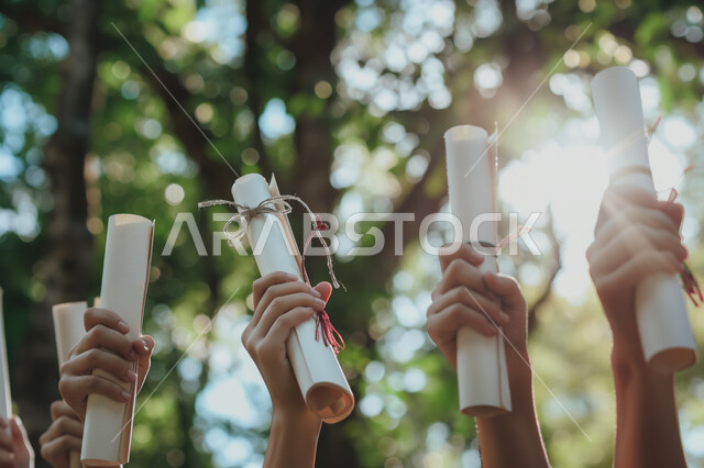 الاحتفال بإنهاء الدراسة الجامعية، صورة مقربة لأيدي طلاب يحملون الشهادات يرفعون أيديهم للأعلى بإيماءات الفرح والسرور، مفهوم الاجتهاد والتفوق، خلفية الطبيعة