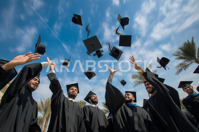 مفهوم الاجتهاد والتفوق، الاحتفال بإنهاء الدراسة الجامعية، مجموعة من الطلاب العرب الخليجيين السعوديين يرتدون العباءة وقبعة التخرج يرمون القبعات للأعلى بإيماءات الفرح والسرور، خلفية الغيوم في السماء