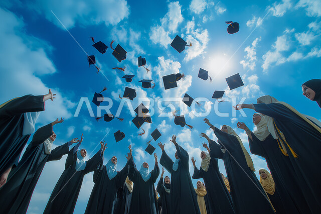 The concept of diligence and excellence, celebrating the completion of university studies, a group of Saudi Gulf Arab students wearing the abaya and graduation cap, throwing their hats upward with gestures of joy and pleasure, a background of clouds in the sky