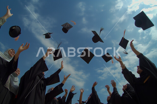 مفهوم الاجتهاد والتفوق، الاحتفال بإنهاء الدراسة الجامعية، مجموعة من الطلاب العرب الخليجيين السعوديين يرتدون العباءة وقبعة التخرج يرمون القبعات للأعلى بإيماءات الفرح والسرور، خلفية الغيوم في السماء