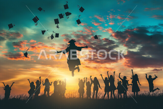 The concept of diligence and excellence, celebrating the completion of university studies, a silhouette of a group of Saudi Gulf Arab students wearing the abaya and graduation cap, jumping upwards with gestures of joy and pleasure, the background of clouds in the sky, cellulite
