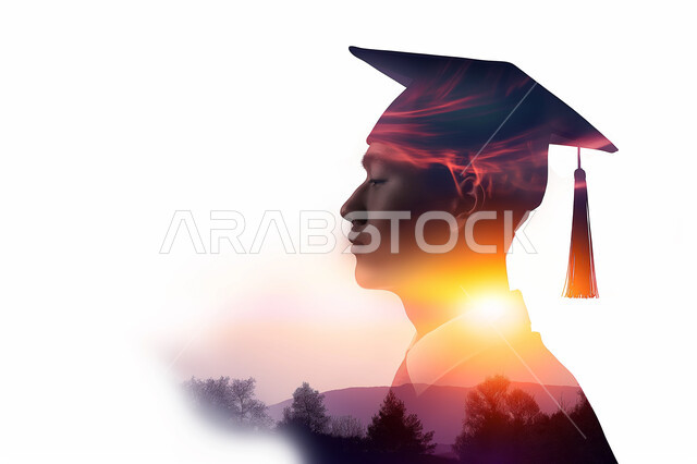 مفهوم الاجتهاد والتفوق، الاحتفال بإنهاء الدراسة الجامعية، صورة مقربة لطالب عربي خليجي سعودي يرتدي العباءة وقبعة التخرج ينظر الى شيء ما  بإيماءات الفرح والسرور وقت الغروب، خلفية بيضاء