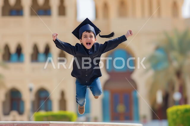 الشعور بالسعادة والسرور، مفهوم الاجتهاد والتفوق، الاحتفال بإنهاء السنة الدراسية، صورة مقربة لطالب عربي خليجي سعودي يرتدي العباءة وقبعة التخرج يقفز للأعلى بإيماءات الفرح