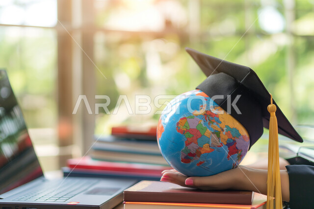 الشعور بالسعادة والسرور، مفهوم الاجتهاد والتفوق، الاحتفال بإنهاء السنة الدراسية، صورة مقربة ليد طالب عربي خليجي سعودي يحمل مجسم الكرة الأرضية يضع عليه قبعة التخرج، استخدام التقنيات والأجهزة الحديثة