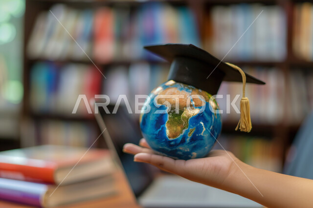 الشعور بالسعادة والسرور، مفهوم الاجتهاد والتفوق، الاحتفال بإنهاء السنة الدراسية، صورة مقربة ليد طالب عربي خليجي سعودي يحمل مجسم الكرة الأرضية يضع عليه قبعة التخرج، استخدام التقنيات والأجهزة الحديثة