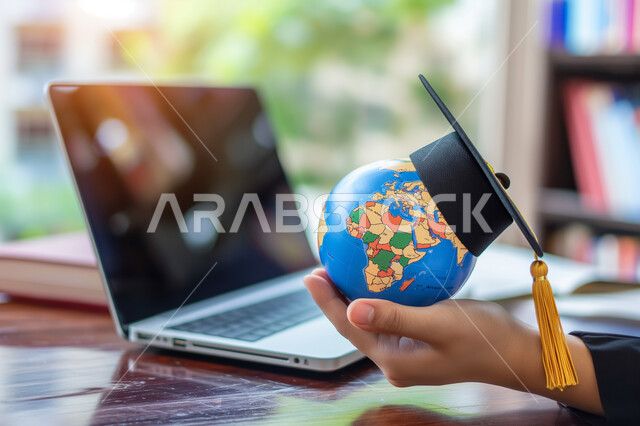 الشعور بالسعادة والسرور، مفهوم الاجتهاد والتفوق، الاحتفال بإنهاء السنة الدراسية، صورة مقربة ليد طالب عربي خليجي سعودي يحمل مجسم الكرة الأرضية يضع عليه قبعة التخرج، استخدام التقنيات والأجهزة الحديثة