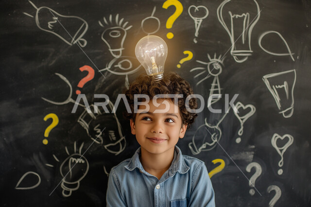 Finding solutions to problems, looking at a place, a close-up picture of a smiling Saudi Arabian Gulf child with a light bulb above his head, looking up with gestures of contemplation, contemplation, and planning for the future