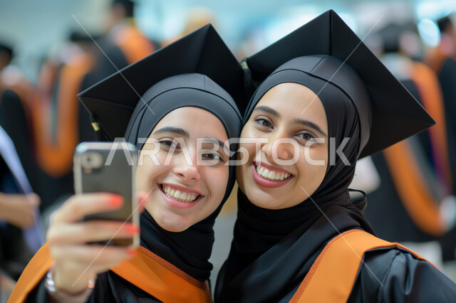 Taking memorial selfies, feelings of love between friends, the concept of diligence and excellence, a close-up photo of two Saudi Arabian Gulf students wearing the abaya and graduation cap looking at the camera with gestures of satisfaction and pleasure, celebrating the completion of university studies