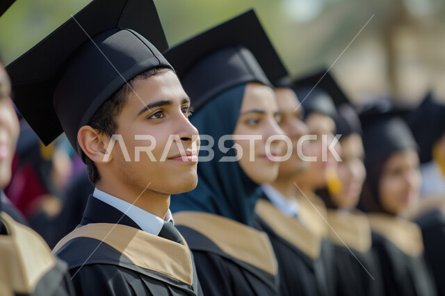 Education in the Kingdom of Saudi Arabia, the concept of diligence and excellence, a close-up photo of a group of Saudi Gulf Arab graduates wearing the abaya and graduation cap, standing regularly, celebrating the completion of university studies