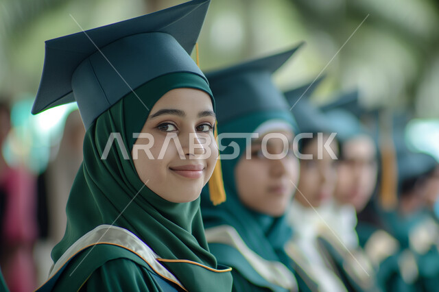 مفهوم الاجتهاد والتفوق، صورة مقربة لمجموعة من الخريجين العرب السعوديين الخليجيين يرتدون العباءه وقبعة التخرج يقفون بانتظام، النظر إلى الكاميرا بإيماءات الرضا والسرور، الاحتفال بإنهاء الدراسة الجامعية