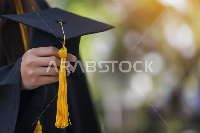 Education in the Kingdom of Saudi Arabia, the concept of diligence and excellence, a close-up of the hand of a student wearing an abaya holding a graduation cap, a feeling of pride and self-confidence, celebrating the completion of university studies