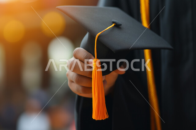 Education in the Kingdom of Saudi Arabia, the concept of diligence and excellence, a close-up of the hand of a student wearing an abaya holding a graduation cap, a feeling of pride and self-confidence, celebrating the completion of university studies