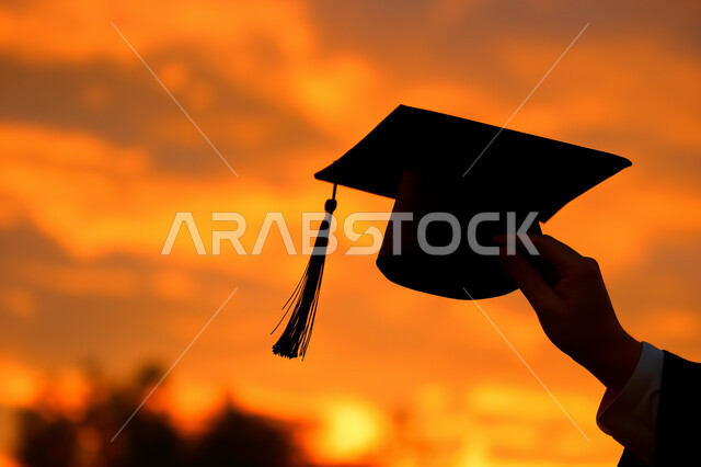 Education in the Kingdom of Saudi Arabia, the concept of diligence and excellence, a silhouette of the hand of a student wearing an abaya holding a graduation cap and raising it up at sunset, a feeling of pride and self-confidence, celebrating the completion of university studies, cellulite