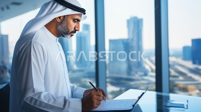 إدارة شؤون الأعمال وتنظيمها، استخدام الأجهزة التكنولوجية الحديثة والمتطورة، مهن ووظائف ادارية مكتبية، صورة مقربة لموظف عربي خليجي إماراتي يقوم بالعمل على الحاسوب المحمول داخل المكتب، الشركات والمكاتب في المملكة العربية السعودية