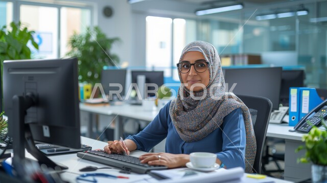 Managing and organizing business affairs, office administrative professions and jobs, companies and offices in the Kingdom of Saudi Arabia, using modern and advanced technological devices, a close-up photo of a Saudi Gulf Arab employee working on the computer inside the office