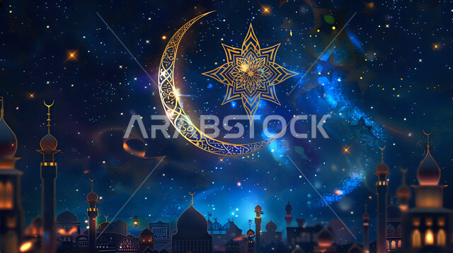 بطاقات تهنئة بالمناسبات والأعياد الإسلامية، جسم لنجمة وهلال شهر مضان المبارك، ديكورات وزينة وأضواء رمضانية أنيقة، خلفية رمضانية دينية، تصاميم مميزة للقبب والمآذن