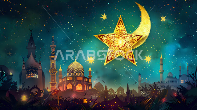 ديكورات وزينة وأضواء رمضانية أنيقة، خلفية رمضانية دينية، مجسم لنجمة وهلال شهر مضان المبارك، بطاقات تهنئة بالمناسبات والأعياد الإسلامية، تصاميم مميزة للقبب والمآذن