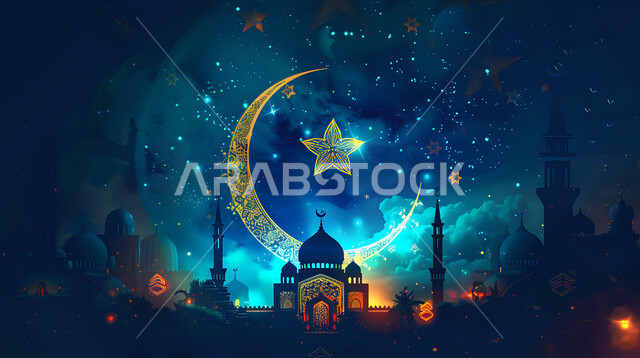 خلفية رمضانية دينية، ديكورات وزينة وأضواء رمضانية أنيقة، مجسم لنجمة وهلال شهر مضان المبارك، بطاقات تهنئة بالمناسبات والأعياد الإسلامية، تصاميم مميزة للقبب والمآذن