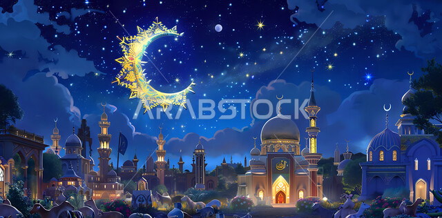 تصاميم مميزة للقبب والمآذن، بطاقات تهنئة بالمناسبات والأعياد الإسلامية، جسم لنجمة وهلال شهر مضان المبارك، ديكورات وزينة وأضواء رمضانية أنيقة، خلفية رمضانية دينية