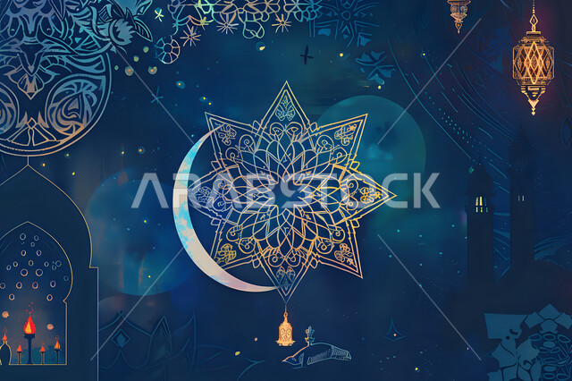 بطاقات تهنئة بالمناسبات والأعياد الإسلامية، جسم لنجمة وهلال شهر مضان المبارك، ديكورات وزينة وأضواء رمضانية أنيقة، خلفية رمضانية دينية، تصاميم مميزة للقبب والمآذن