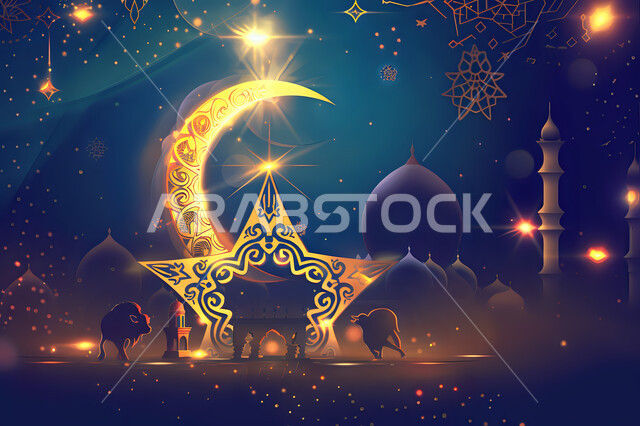 مجسم لنجمة وهلال شهر مضان المبارك، ديكورات وزينة وأضواء رمضانية أنيقة، خلفية رمضانية دينية، بطاقات تهنئة بالمناسبات والأعياد الإسلامية، تصاميم مميزة للقبب والمآذن