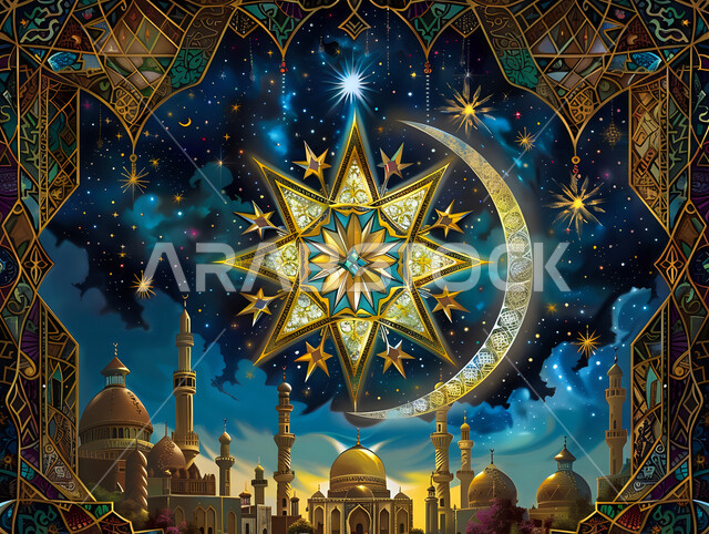 خلفية رمضانية دينية، ديكورات وزينة وأضواء رمضانية أنيقة، مجسم لنجمة وهلال شهر مضان المبارك، بطاقات تهنئة بالمناسبات والأعياد الإسلامية، تصاميم مميزة للقبب والمآذن