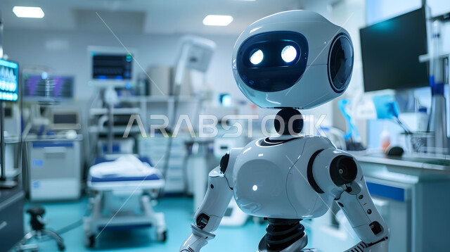 التطور وتحقيق الثورة الصناعية، صورة مقربة لرجل آلي حديث ومتطور في احدى مستشفيات المملكة، الابتكار وعلوم الذكاء الاصطناعي، تصاميم ثلاثية الأبعاد للروبوتات المستقبلية، رؤية سعودية 2030، دمج التكنولوجيا الحديثة في المجال الطبي