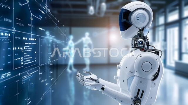 تصاميم ثلاثية الأبعاد للروبوتات المستقبلية، الابتكار وعلوم الذكاء الاصطناعي، صورة مقربة لرجل آلي حديث ومتطور يحمل بيده مجسم هيوجرامي لجسم الانسان، التطور وتحقيق الثورة الصناعية، رؤية سعودية 2030، دمج التكنولوجيا الحديثة في المجال الطبي